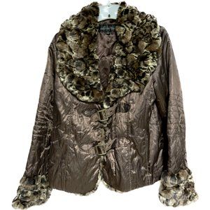 DONNA SALYERS FABULOUS Furs Brown Coat Jacket with Faux Fur Trim Size M